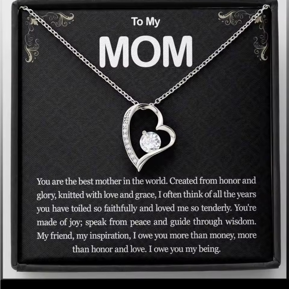 Mom Heart Necklace Gift Set–CZ Pendant with Message for Mother’s Day or Birthday